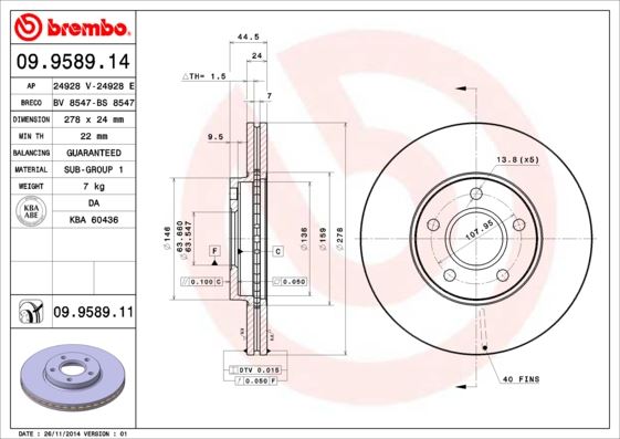 BREMBO 09.9589.14 Fren Sistemleri Fren Diski - FORD TOURNEO CONNECT uyumlu