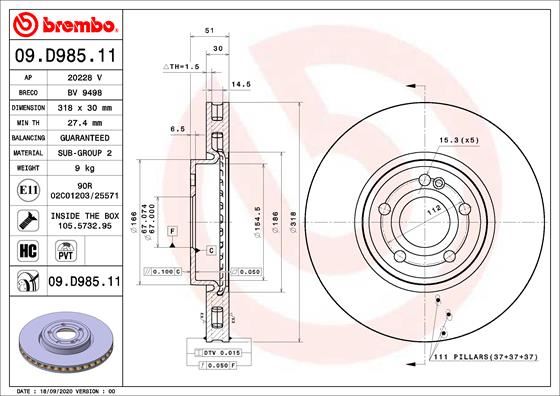 BREMBO 09.D985.11 Fren Sistemleri Fren Diski - MERCEDES-BENZ A-SERISI (W177) uyumlu