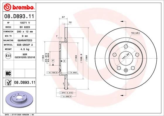 BREMBO 08.D893.11 Fren Sistemleri Fren Diski - VOLVO XC40 (536) uyumlu