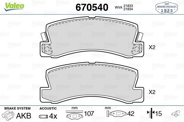 VALEO 670540 Fren Sistemleri Fren Balatası - TOYOTA COROLLA FX Compact (E8B) uyumlu