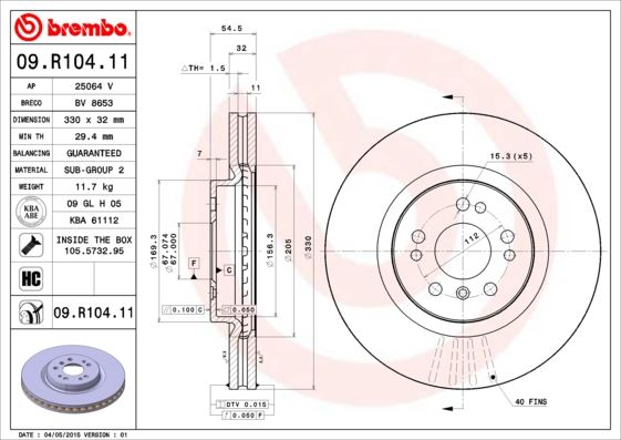 BREMBO 09.R104.11 Fren Sistemleri Fren Diski - MERCEDES-BENZ R-SERISI (W251, V251) uyumlu