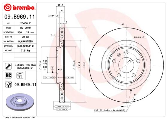BREMBO 09.B969.11 Fren Sistemleri Fren Diski - AUDI A7 Sportback (4GA, 4GF) uyumlu