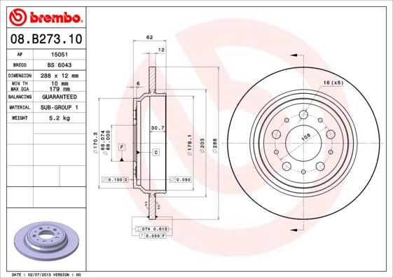 BREMBO 08.B273.10 Fren Sistemleri Fren Diski - VOLVO V70 I (875, 876) uyumlu