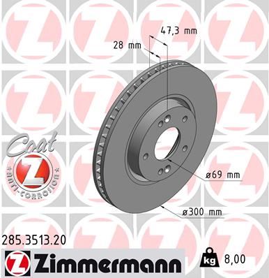 ZIMMERMANN 285.3513.20 Fren Sistemleri Fren Diski - HYUNDAI i30 (GD) uyumlu