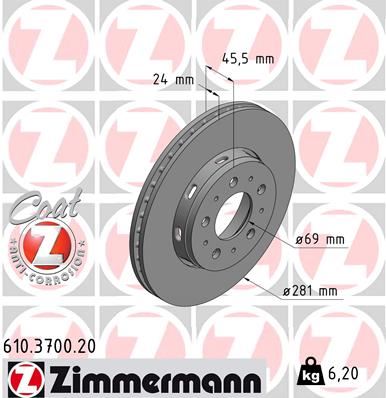 ZIMMERMANN 610.3700.20 Fren Sistemleri Fren Diski - MITSUBISHI CARISMA (DA_) uyumlu