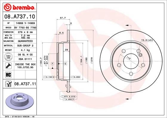 BREMBO 08.A737.10 Fren Sistemleri Fren Diski - MERCEDES-BENZ C-SERISI (W204) uyumlu