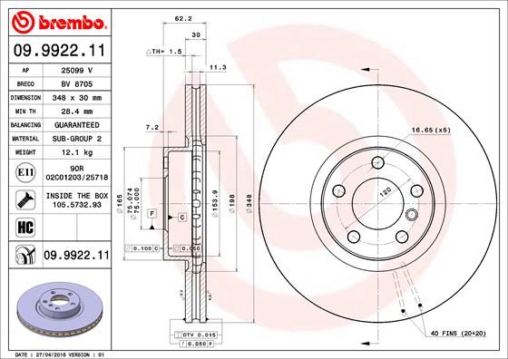 BREMBO 09.9922.11 Fren Sistemleri Fren Diski - BMW X5 (E70) uyumlu
