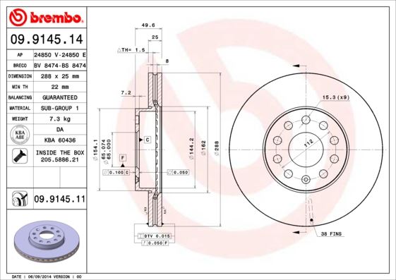 BREMBO 09.9145.14 Fren Sistemleri Fren Diski - SEAT LEON (1P1) uyumlu