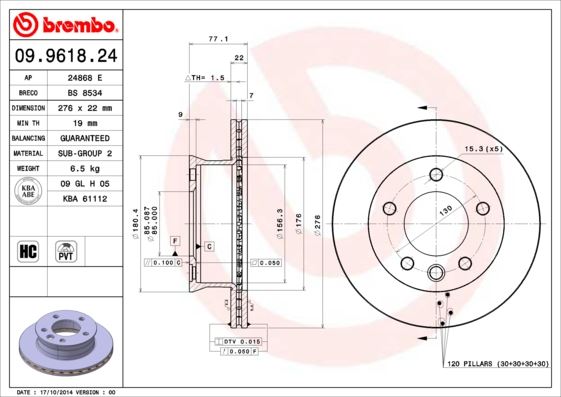 BREMBO 09.9618.24 Fren Sistemleri Fren Diski - MERCEDES-BENZ SPRINTER 2-t Minibüs/Otobüs (B901, B902) uyumlu