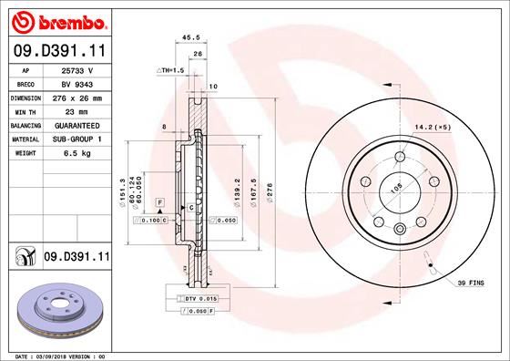 BREMBO 09.D391.11 Fren Sistemleri Fren Diski - OPEL ASTRA K (B16) uyumlu