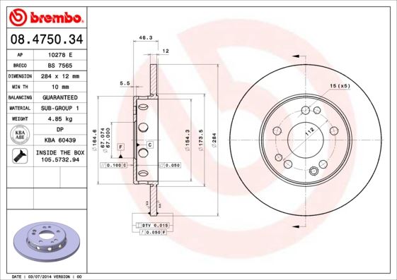 BREMBO 08.4750.34 Fren Sistemleri Fren Diski - MERCEDES-BENZ 124 Sedan (W124) uyumlu