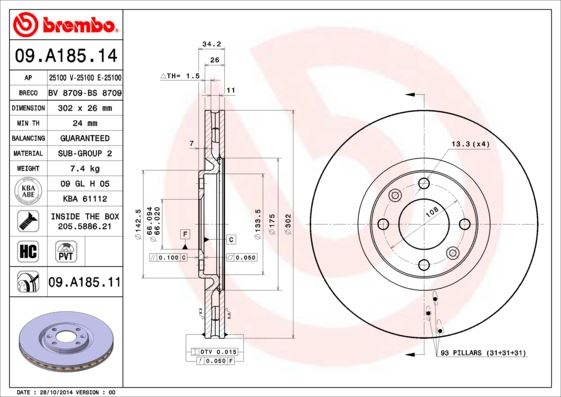 BREMBO 09.A185.11 Fren Sistemleri Fren Diski - CITROËN C4 II (NC_) uyumlu