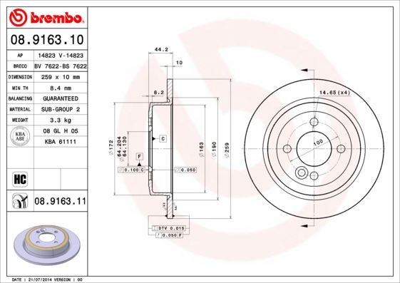 BREMBO 08.9163.10 Fren Sistemleri Fren Diski - MINI MINI (R50, R53) uyumlu
