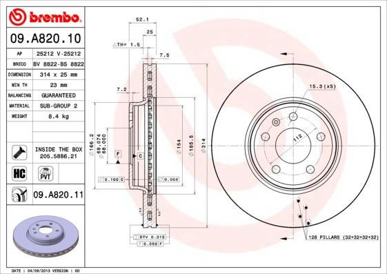 BREMBO 09.A820.10 Fren Sistemleri Fren Diski - AUDI A5 (8T3) uyumlu