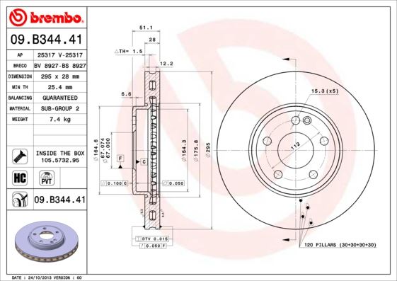 BREMBO 09.B344.41 Fren Sistemleri Fren Diski - MERCEDES-BENZ B-SERISI Sports Tourer (W246, W242) uyumlu