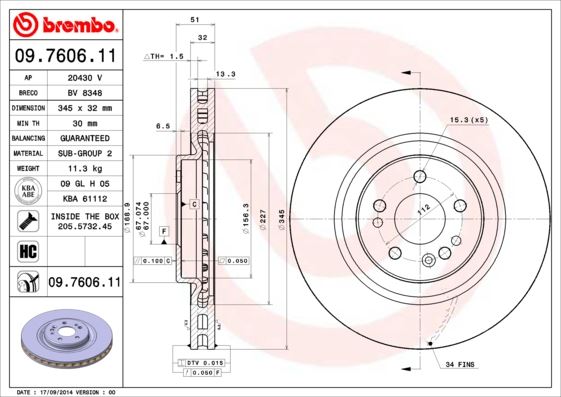 BREMBO 09.7606.11 Fren Sistemleri Fren Diski - MERCEDES-BENZ M-SERISI (W163) uyumlu