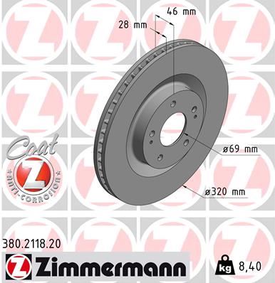 ZIMMERMANN 380.2118.20 Fren Sistemleri Fren Diski - MITSUBISHI OUTLANDER III (GG_W, GF_W, ZJ, ZL, ZK) uyumlu
