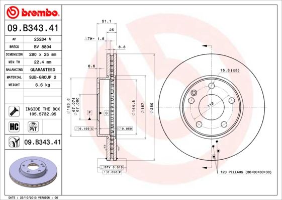 BREMBO 09.B343.41 Fren Sistemleri Fren Diski - MERCEDES-BENZ B-SERISI Sports Tourer (W246, W242) uyumlu