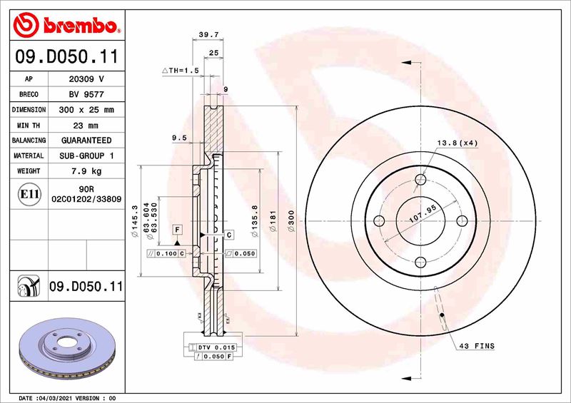 BREMBO 09.D050.11 Fren Sistemleri Fren Diski - FORD ECOSPORT uyumlu