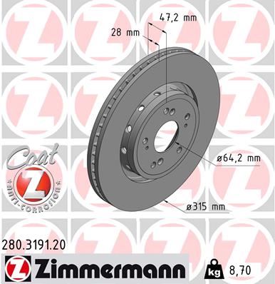 ZIMMERMANN 280.3191.20 Fren Sistemleri Fren Diski - HONDA CR-V IV (RM_) uyumlu