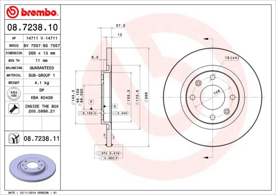 BREMBO 08.7238.10 Fren Sistemleri Fren Diski - CITROËN BERLINGO / BERLINGO FIRST Kasa/büyük limuzin (M_) uyumlu