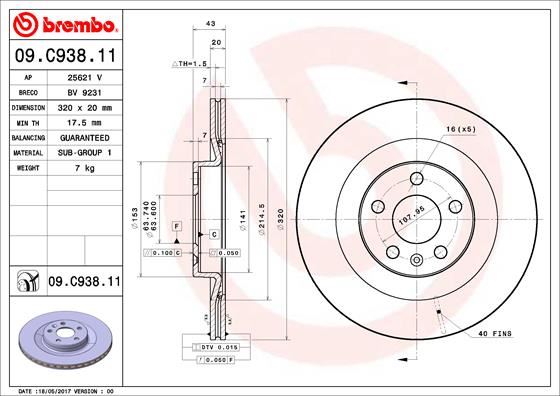 BREMBO 09.C938.11 Fren Sistemleri Fren Diski - VOLVO XC90 II (256) uyumlu