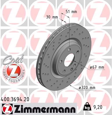 ZIMMERMANN 400.3694.20 Fren Sistemleri Fren Diski - MERCEDES-BENZ B-SERISI Sports Tourer (W246, W242) uyumlu