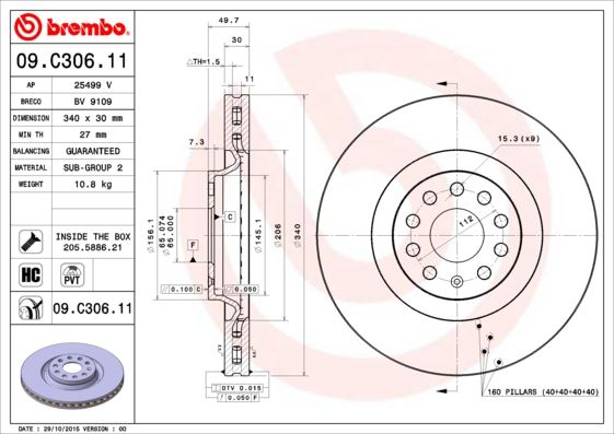 BREMBO 09.C306.11 Fren Sistemleri Fren Diski - VW PASSAT B7 (362) uyumlu