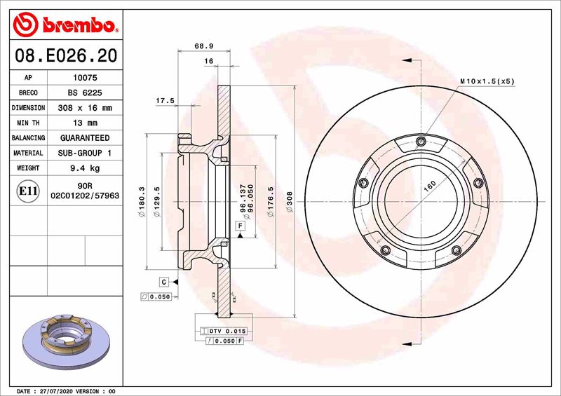 BREMBO 08.E026.20 Fren Sistemleri Fren Diski - FORD TOURNEO CUSTOM V362 Minibüs/Otobüs (F3) uyumlu