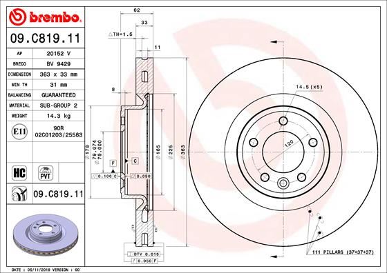 BREMBO 09.C819.11 Fren Sistemleri Fren Diski - LAND ROVER RANGE ROVER IV (L405) uyumlu