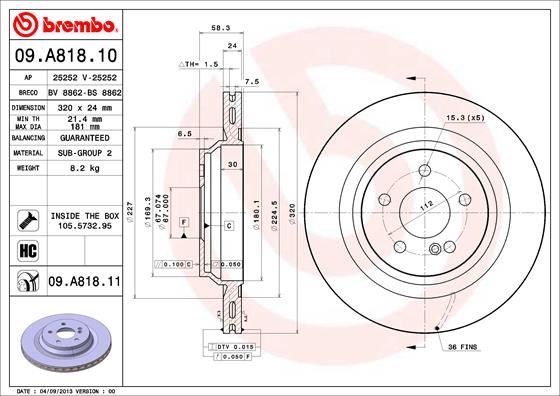 BREMBO 09.A818.11 Fren Sistemleri Fren Diski - MERCEDES-BENZ S-SERISI (W221, V221) uyumlu
