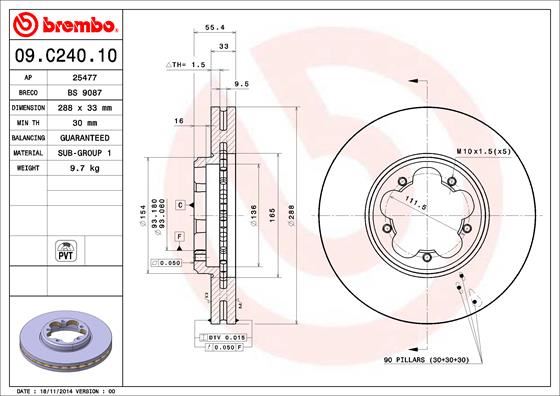 BREMBO 09.C240.10 Fren Sistemleri Fren Diski - FORD TOURNEO CUSTOM V362 Minibüs/Otobüs (F3) uyumlu