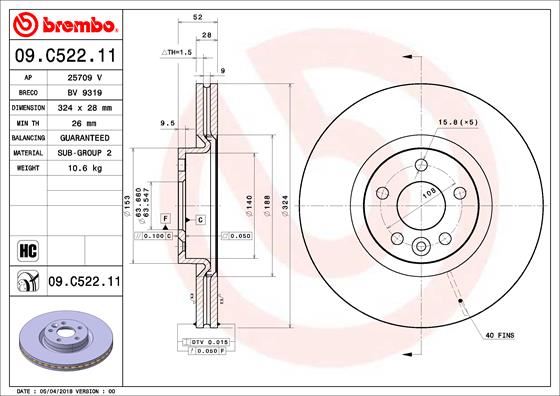 BREMBO 09.C522.11 Fren Sistemleri Fren Diski - VOLVO XC60 I SUV (156) uyumlu