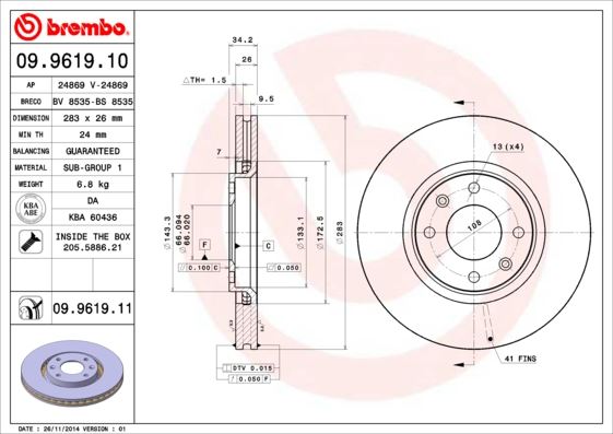 BREMBO 09.9619.10 Fren Sistemleri Fren Diski - CITROËN C4 II (NC_) uyumlu
