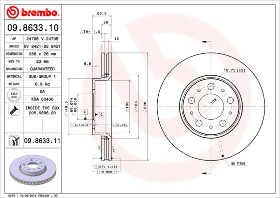 BREMBO 09.8633.11 Fren Sistemleri Fren Diski - VOLVO V70 I (875, 876) uyumlu