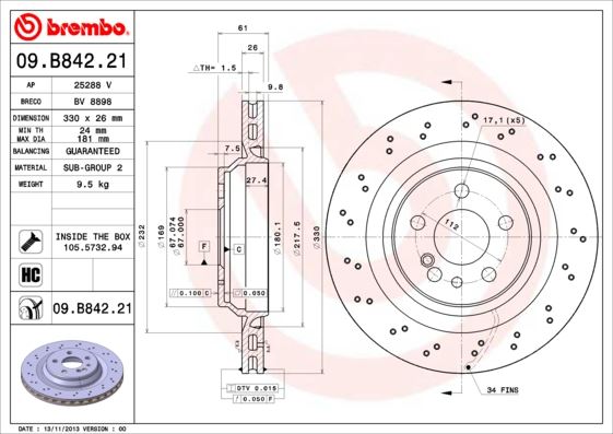 BREMBO 09.B842.21 Fren Sistemleri Fren Diski - MERCEDES-BENZ S-SERISI (W220, V220) uyumlu