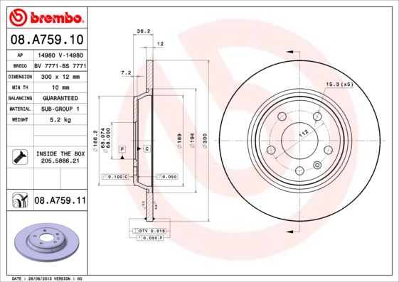 BREMBO 08.A759.10 Fren Sistemleri Fren Diski - AUDI A7 Sportback (4GA, 4GF) uyumlu