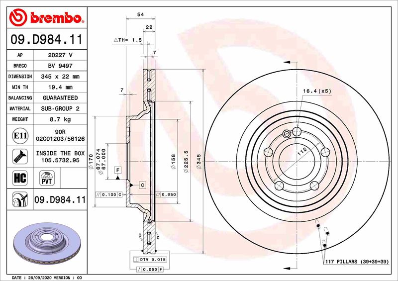 BREMBO 09.D984.11 Fren Sistemleri Fren Diski - MERCEDES-BENZ GLE (V167) uyumlu