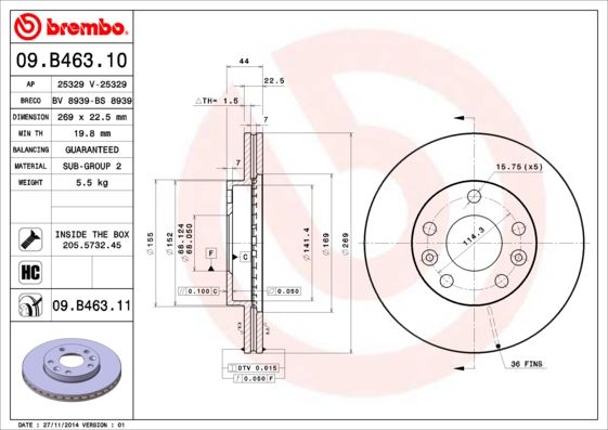 BREMBO 09.B463.10 Fren Sistemleri Fren Diski - DACIA DUSTER (HS_) uyumlu