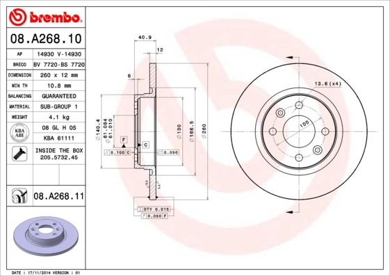 BREMBO 08.A268.10 Fren Sistemleri Fren Diski - DACIA LOGAN (LS_) uyumlu