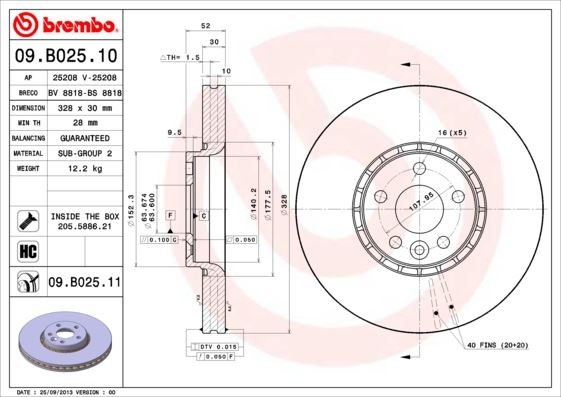 BREMBO 09.B025.11 Fren Sistemleri Fren Diski - VOLVO XC60 I SUV (156) uyumlu