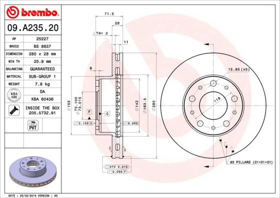 BREMBO 09.A235.20 Fren Sistemleri Fren Diski - FIAT DUCATO Panelvan/Van (250_) uyumlu