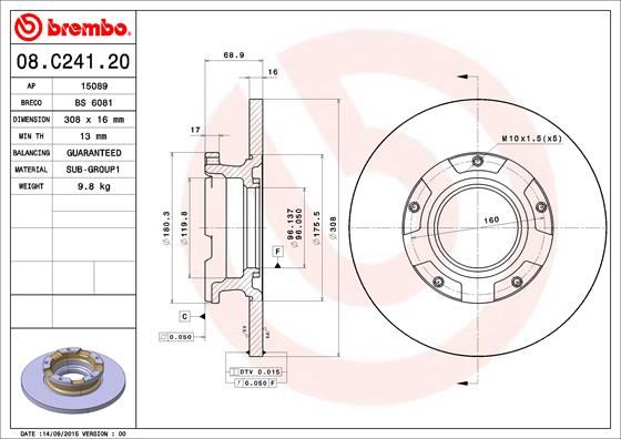 BREMBO 08.C241.20 Fren Sistemleri Fren Diski - FORD TOURNEO CUSTOM V362 Minibüs/Otobüs (F3) uyumlu