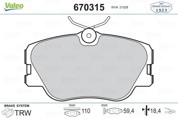 VALEO 670315 Fren Sistemleri Fren Balatası - MERCEDES-BENZ 190 (W201) uyumlu