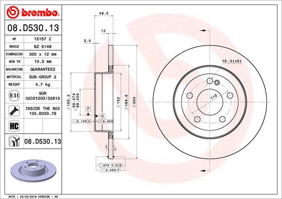 BREMBO 08.D530.13 Fren Sistemleri Fren Diski - MERCEDES-BENZ C-SERISI (W205) uyumlu