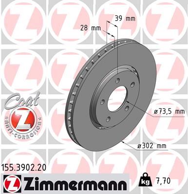 ZIMMERMANN 155.3902.20 Fren Sistemleri Fren Diski - CHRYSLER VOYAGER IV (RG, RS) uyumlu