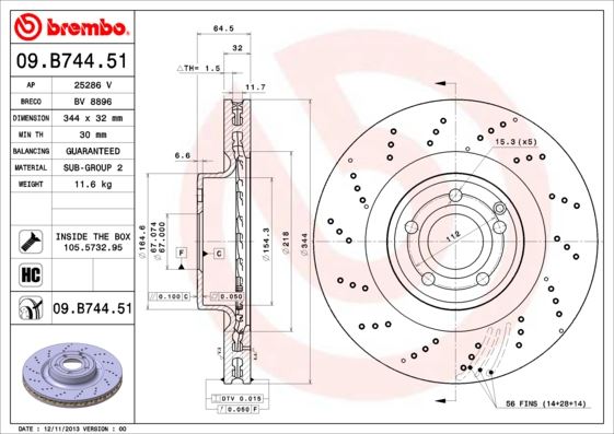 BREMBO 09.B744.51 Fren Sistemleri Fren Diski - MERCEDES-BENZ SLK (R172) uyumlu