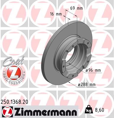 ZIMMERMANN 250.1368.20 Fren Sistemleri Fren Diski - FORD TOURNEO CUSTOM V362 Minibüs/Otobüs (F3) uyumlu