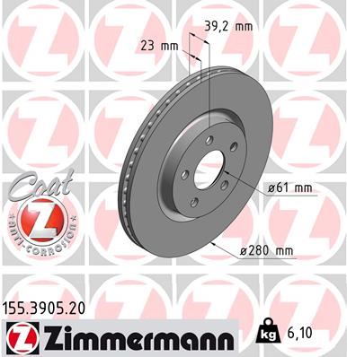 ZIMMERMANN 155.3905.20 Fren Sistemleri Fren Diski - CHRYSLER PT CRUISER (PT_) uyumlu