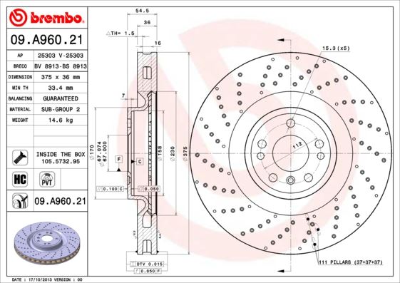 BREMBO 09.A960.21 Fren Sistemleri Fren Diski - MERCEDES-BENZ M-SERISI (W166) uyumlu